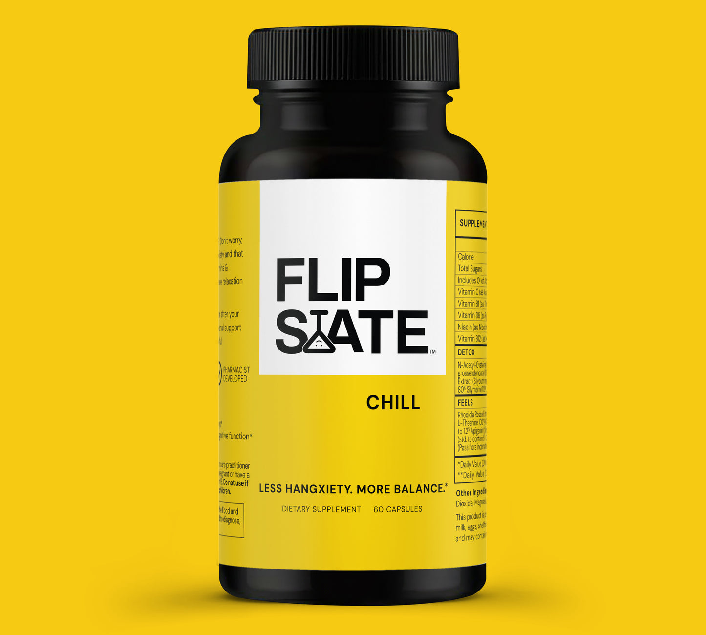 Flip State Chill supplement bottle on a yellow background