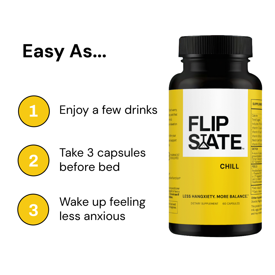 Flip State Chill supplement bottle with usage instructions on a white background