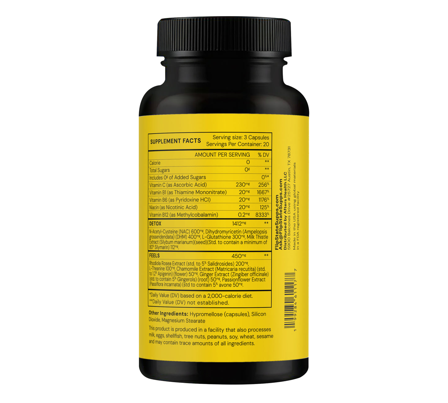 Supplement bottle with yellow label on a white background listing our ingredients and dosages