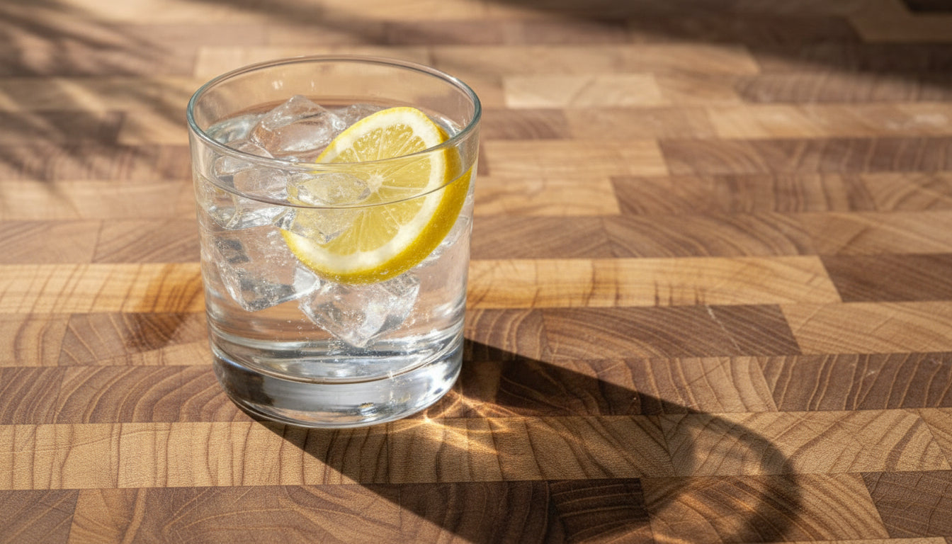 Short glass of water with ice and slice of lemon sitting on a marble counter-top
