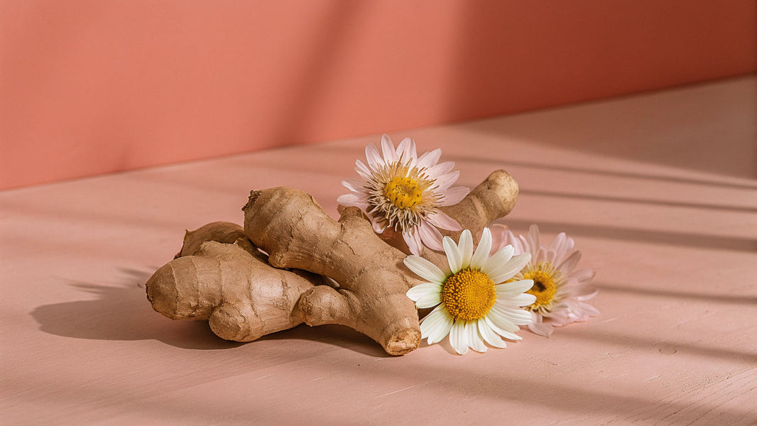 Close up photo of ginger, passion flower and chamomile on soft pink table and background with light shadows