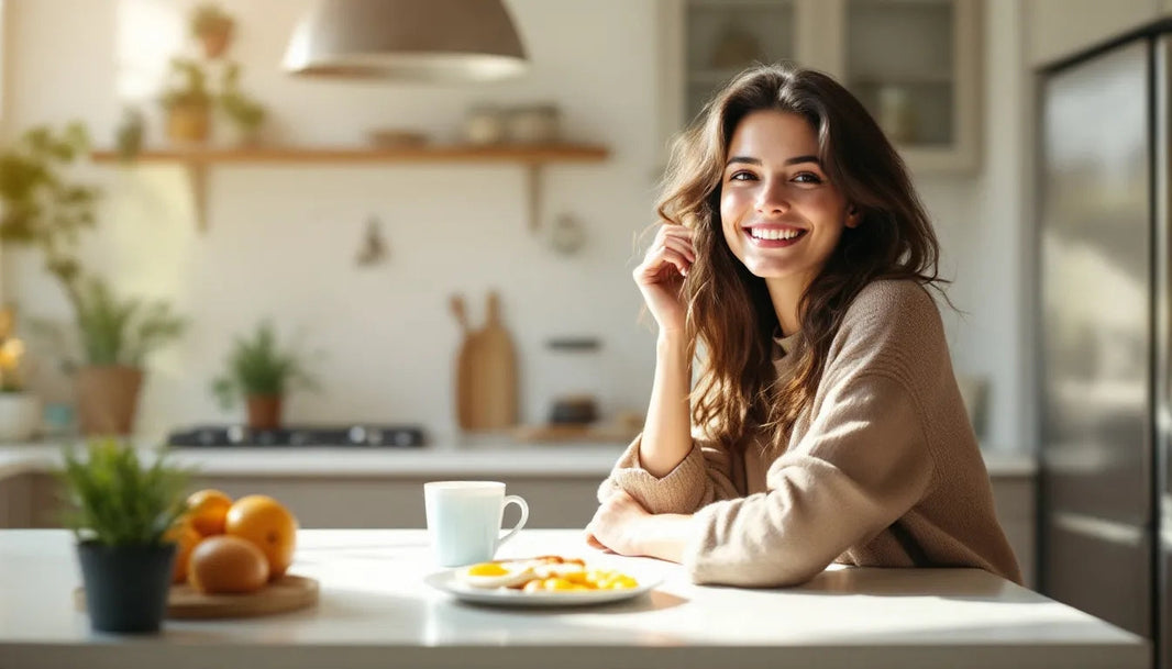 Young woman in kitchen with coffee and breakfast smiling as the sunlight shines through the room