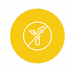 Yellow circle with a white icon of a plant with a line through it, symbolizing no GMO ingredients.