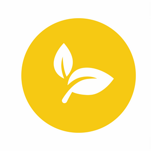 Yellow circle with a white leaf icon on a white background symbolizing plant based ingredients